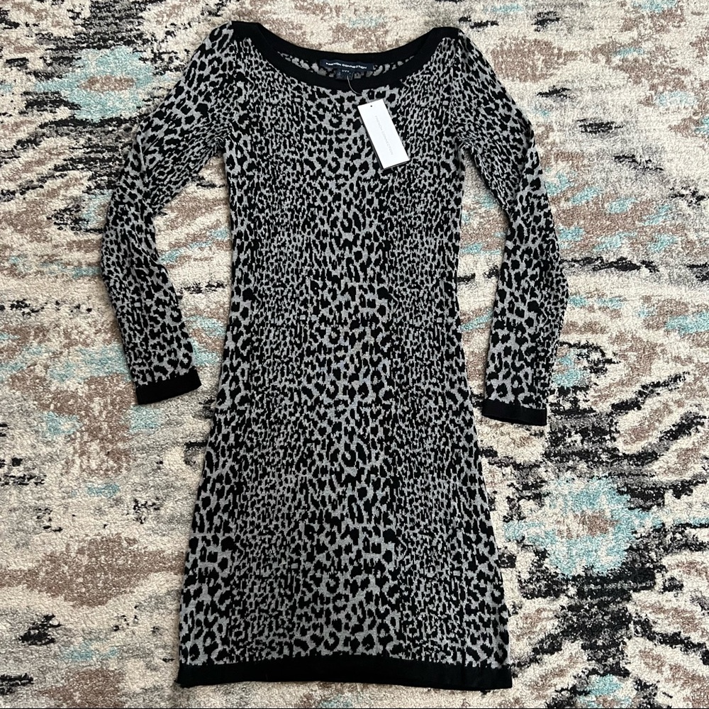 NWT! French Connection Leopard Jacquard Round Neck Sweater Dress Grey/Black
